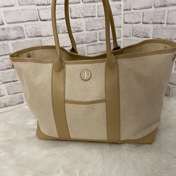 Tory Burch Handbags - Tory Burch Canvas and Leather Tote Bag in Beige